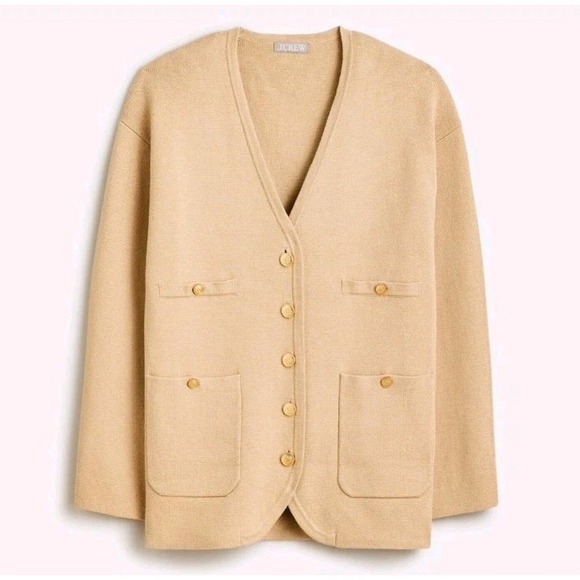 J. Crew Factory Sweaters - J.CREW V-neck Blazer Sweater Women's Size L Tan Oversized Golden Buttons Pockets
